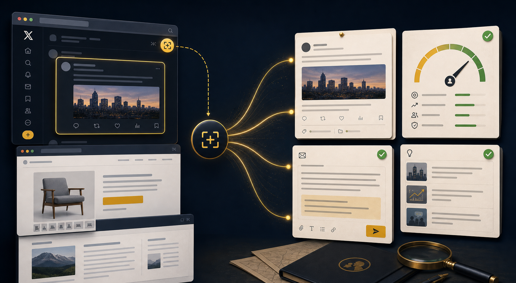 Illustration of a public social post and website being captured into prospect scoring, outreach, and content cards